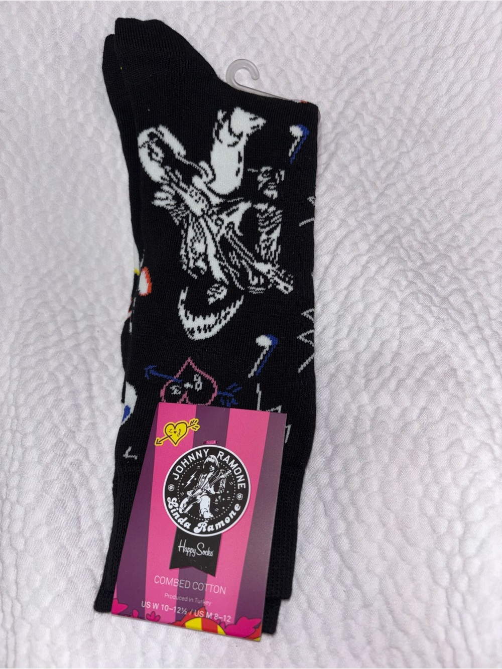 Happy Socks Black Crew Socks with White Johnny Ramone Graphic size 8-12 mid-calf